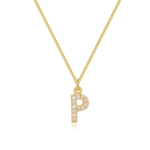 Detail of 14k gold plated letter P pendant encrusted with sparkling cubic zirconia stones