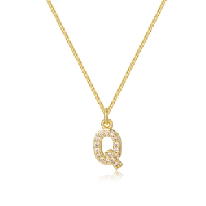 Detail view of gold-plated box chain necklace with a cubic zirconia paved letter Q pendant