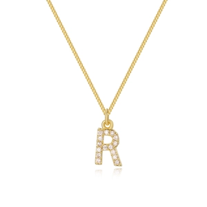 Macro view of gold plated initial R pendant with cubic zirconia on a sturdy box chain