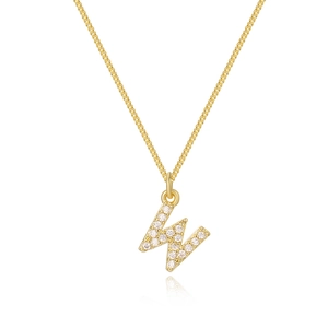 Detail of 14k gold plated necklace featuring a zircon encrusted letter W pendant