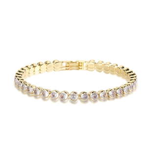 Close-up of 14k gold plated tennis bracelet with white cubic zirconia and folding clasp