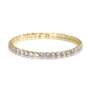 Detailed close-up of 14k gold plated tennis bracelet with round cubic zirconia settings