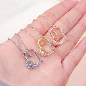 Three-color heart letter necklaces with colorful zircon stones in gold, silver, and rose gold