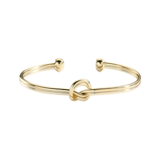 Minimalist 14k gold plated open cuff bracelet featuring a central knot and sphere ends