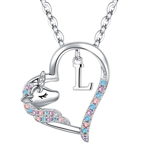 Detail of silver unicorn heart necklace with blue pink crystals and letter L pendant