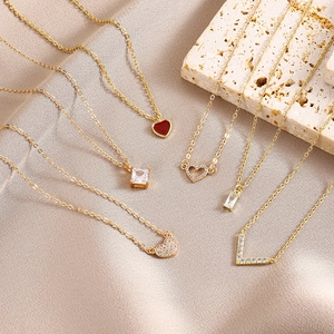 Gold Plated Copper Zirconia Heart Pendant Necklace For Women Minimalist Square V Shape Geometric Choker Necklace Jewelry Gift