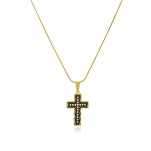 Elegant gold stainless steel cross necklace with black inlay and sparkling rhinestones