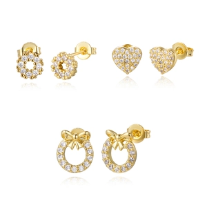 Detailed view of 16K gold plated earring set with floral and heart zircon designs