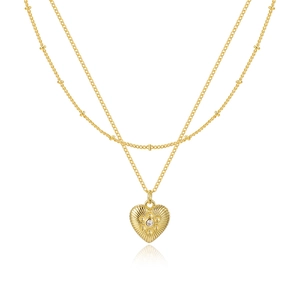 Collana a doppio strato in oro 18 carati con ciondolo a cuore, trama a raggiera e zircone