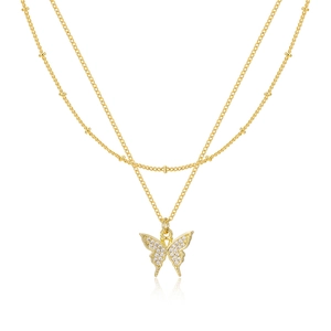 Collana a doppio strato in oro con pendente a farfalla impreziosito da zirconi