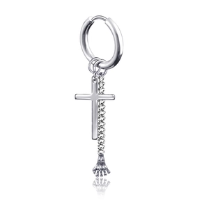 Boucles d'oreilles créoles punk argentées avec croix et pendentif main de squelette