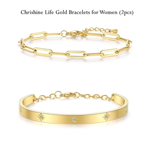 Set van twee vergulde armbanden met paperclipketting en met sterren gegraveerde cuff