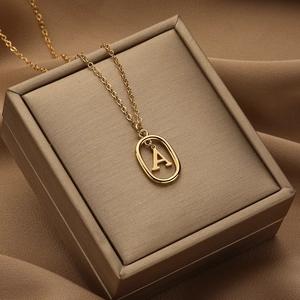 Minimalist 18K gold plated initial letter A necklace with round pendant on fine cable chain
