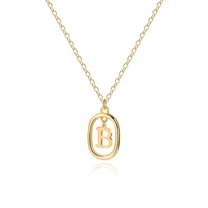 Close-up of gold 18K plated necklace featuring a dangling 3D letter B oval pendant