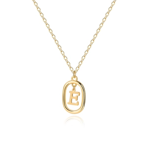Detail of 18K gold-plated oval pendant featuring a polished letter E charm on fine chain