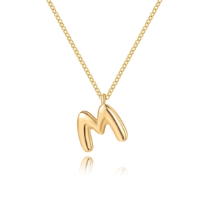 Polierte 18K Gold Bubble Buchstabe M Halskette mit feiner Kette in der Detailansicht