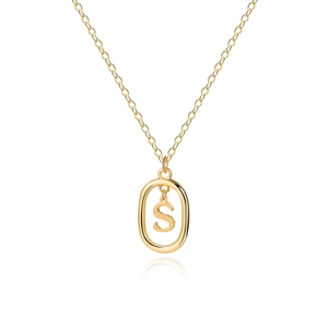 Detailed close-up of 18K gold-plated oval pendant featuring the hanging letter S and fine chain