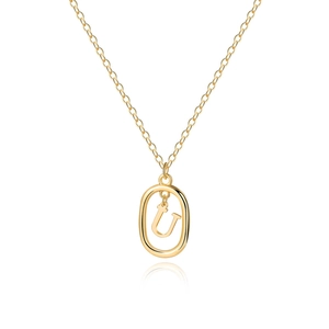 Detailed close-up of 18K gold-plated oval pendant featuring a floating capital letter U