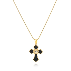 Elegant gold cross necklace with black enamel inlay and evil eye crystal charm
