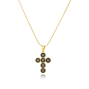 Elegant gold chain necklace with black cross pendant featuring small white crystals