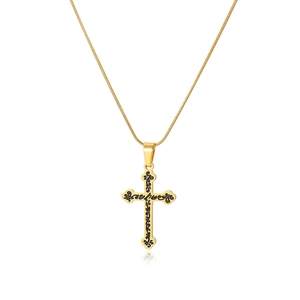 Minimalist gold stainless steel cross necklace with vintage black engraved patterns