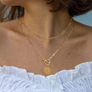 Elegant gold double layer necklace with clover letter A pendant and OT buckle design