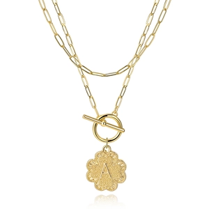 Gold Plated Alloy Double Layer Paperclip Chain Necklace For Women With Initial Letter Flower Pendant Toggle Clasp Fashion Jewelry