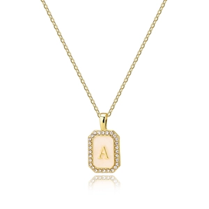 Detailed close-up of golden octagonal letter A pendant with shell inlay and zircon border