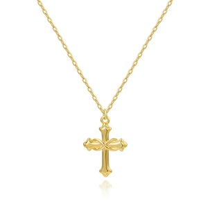 Detailed view of a gold cross pendant with unique intertwined lines on a thin chain