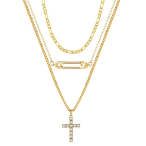 Gold Plated Copper Zirconia Layered Necklace Cross And Safety Pin Pendant Figaro Chain For Women Minimalist Fashion Streetwear Jewelry Accessory