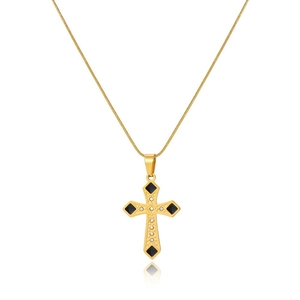 Detail of 18k gold cross pendant with black diamond accents and sleek snake chain