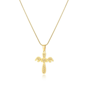Macro detail of gold cross pendant with wing design, heart center and sparkling crystals