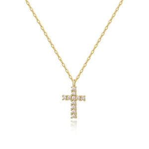 Detail of cross pendant necklace with 11 round cut sparkling stones in gold finish