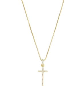 Macro detail of gold cross pendant with shimmering white cubic zirconia on box chain