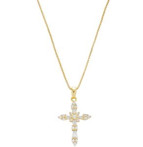 Close-up of golden cross pendant with mixed-cut cubic zirconia on a box chain