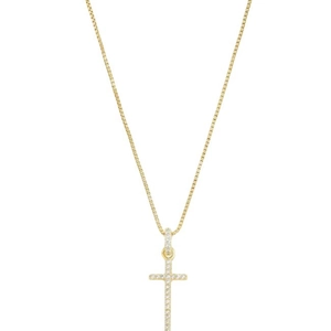 Minimalist 18K gold cross necklace with micro-pave crystals on a thin box chain