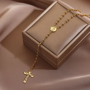18K gold plated beaded rosary necklace with a vintage crucifix and religious medal