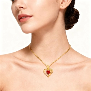 18K gold heart necklace with red ruby gemstone and rose floral details for women