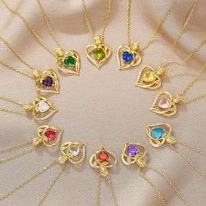 18K Gold Plated Copper Heart Birthstone Necklace For Women Rose Flower Rhinestone Zirconia Pendant Romantic Jewelry Gift