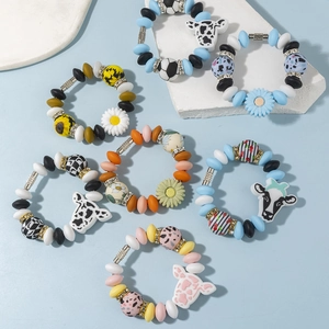 Pulsera de Cuentas de Silicona Patrón Vaca Margarita Girasol Strass Hebilla de Tornillo Metal Joyería de Mano para Mujer Niños Regalo