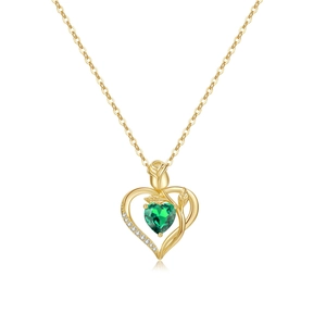 18K gold heart pendant necklace with green gemstone and rose detail on O-chain