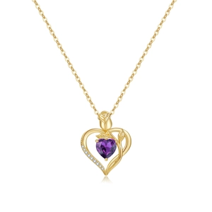 18K gold necklace featuring a purple heart gemstone with an intricate gold rose pendant