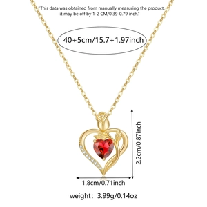 Detailed size specifications for the 18K gold heart necklace with red gem and rose detail