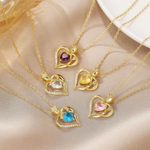 Five 18K gold-plated heart necklaces with rose accents and colorful birthstones