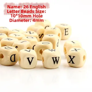 50 pieces of 10mm square wooden alphabet beads with 4mm holes for DIY jewelry