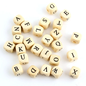 50 pieces of 10mm square wooden letter beads with black alphabets for DIY jewelry crafts