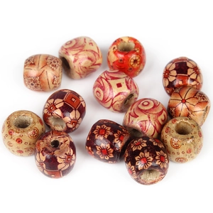 Close-up of 10mm wooden letter beads with retro floral patterns for DIY jewelry making