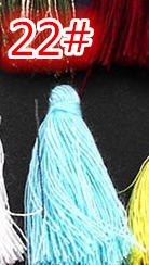 Detailed view of light blue silky DIY craft tassel with cotton thread and 22# color tag