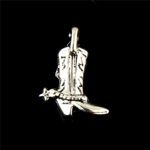 Western cowboy boot pendant in silver alloy with lightning texture and spur detail