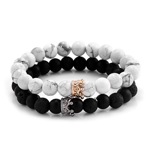 Romantic black matte and white natural stone crown bracelets set for couples